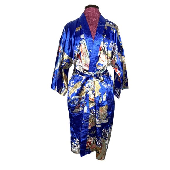Vintage Ichi Ban Japanese Kimono Robe With Scenic Print & Tie Belt - Size 42 - Picture 5 of 14